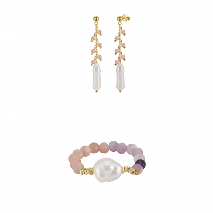 Set Cercei și Inel din Argint cu Perle Naturale și Pietre Naturale Cuarț Pink Elegance [1]