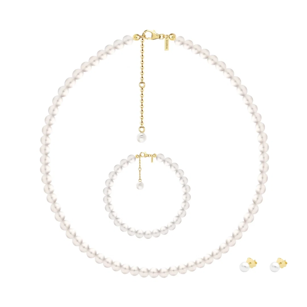 Set Colier, Brățară și Cercei din argint cu perle naturale de cultură Large Pearl String Gold [1]