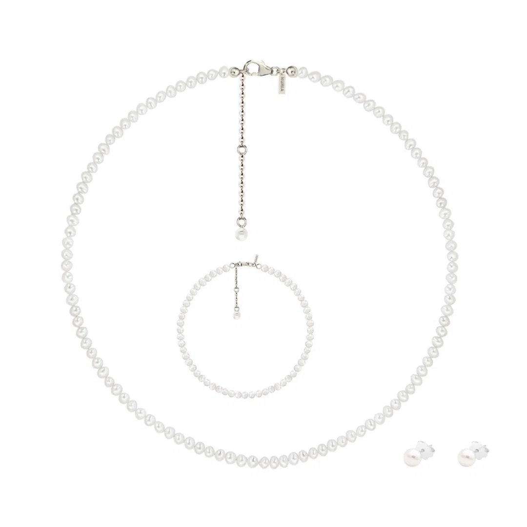 Set Colier, Brățară și Cercei din argint cu perle naturale de cultură Small Pearl String Silver [1]