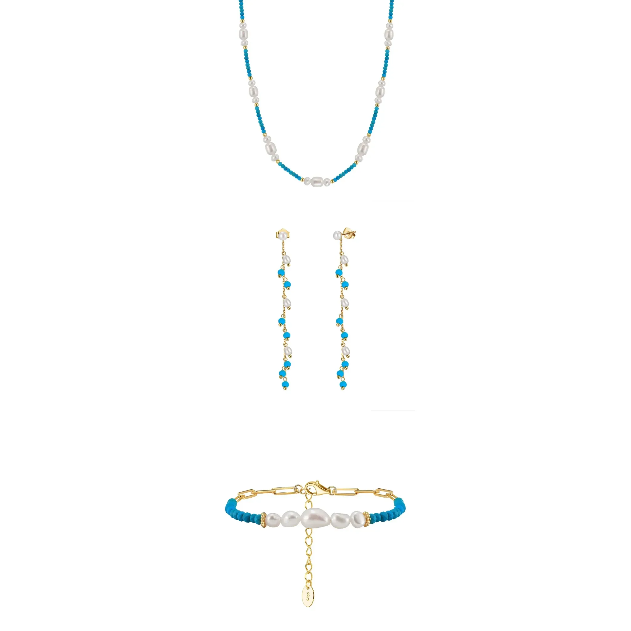 Set Colier, Brățară și Cercei din Argint cu Perle Naturale și Pietre Naturale Turcoaz Turquoise Elegance Boho [1]