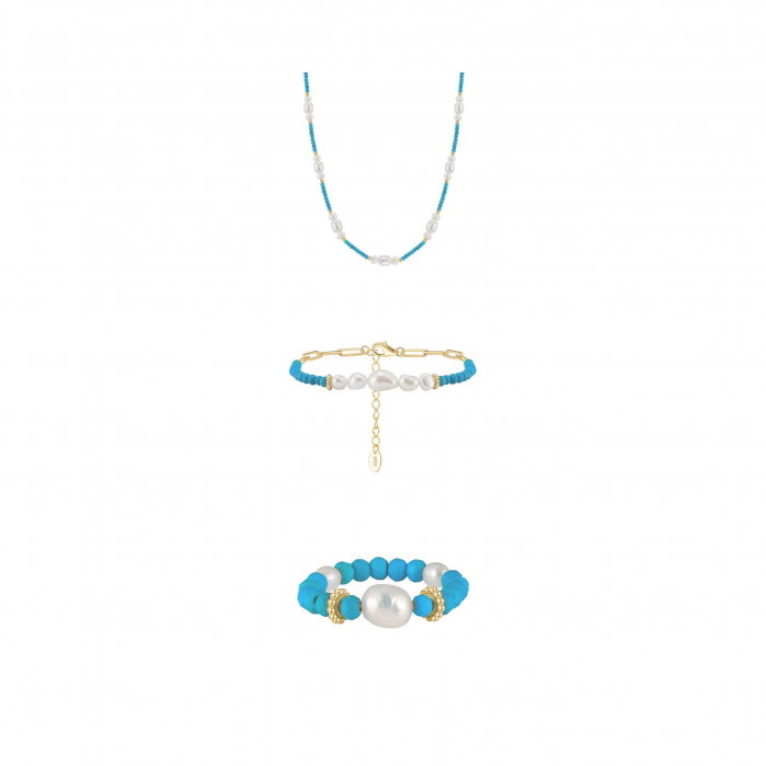 Set Colier, Brățară și Inel din Argint cu Perle Naturale și Piatră Naturală Turcoaz Turquoise Gold [1]