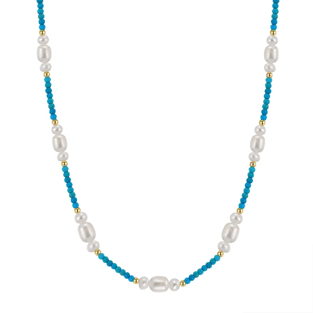 Set Colier, Cercei și Inel din Argint cu Perle Naturale și Piatră Naturală Turcoaz Turquoise Harmony Gold [2]