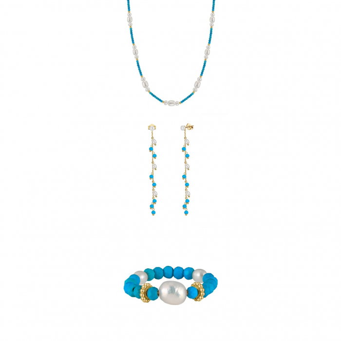 Set Colier, Cercei și Inel din Argint cu Perle Naturale și Piatră Naturală Turcoaz Turquoise Harmony Gold [1]