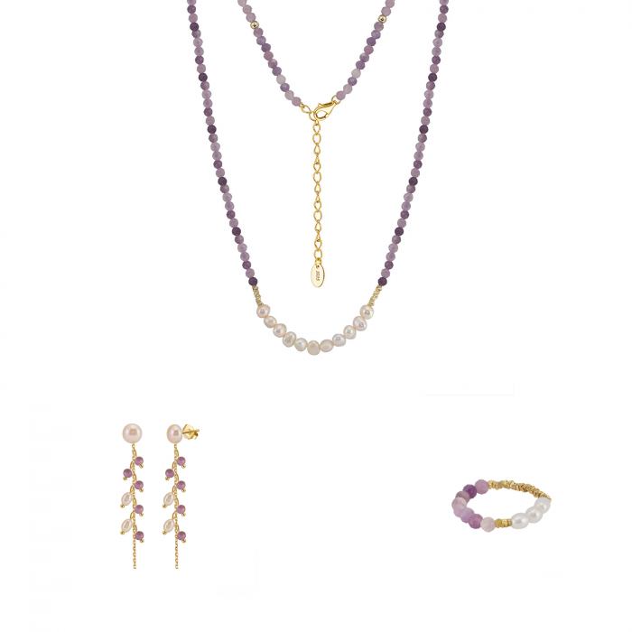 Set Colier, Cercei și Inel din Argint cu Perle Naturale și Pietre Ametist Lavender Amethyst [1]