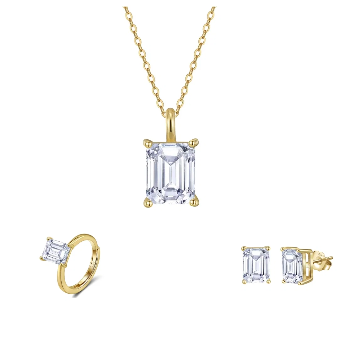 Set Colier, Cercei și Inel din argint cu zirconiu Emerald Auriu [1]