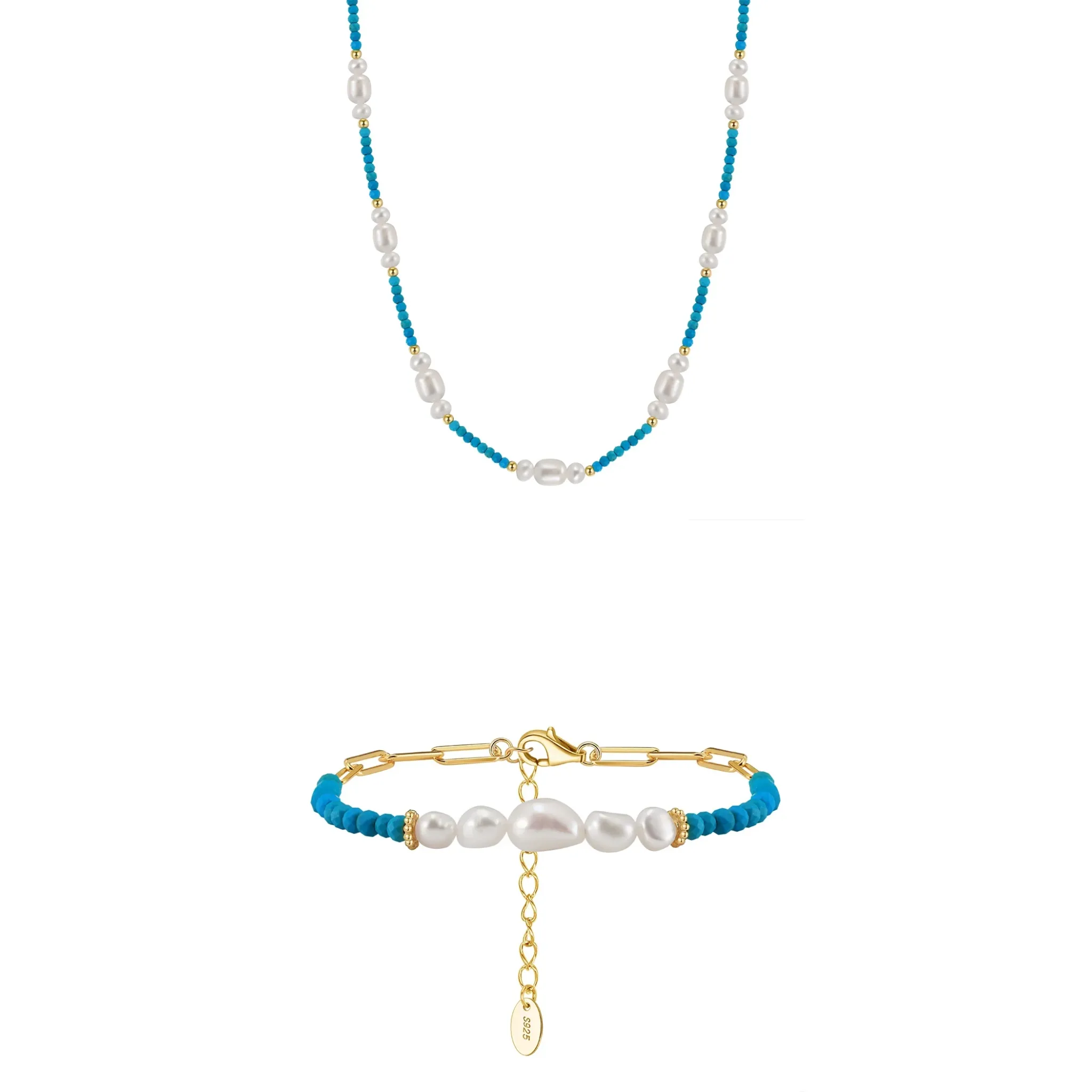 Set Colier și Brățară din Argint cu Perle Naturale și Piatră Naturală Turcoaz Turquoise Boho [1]