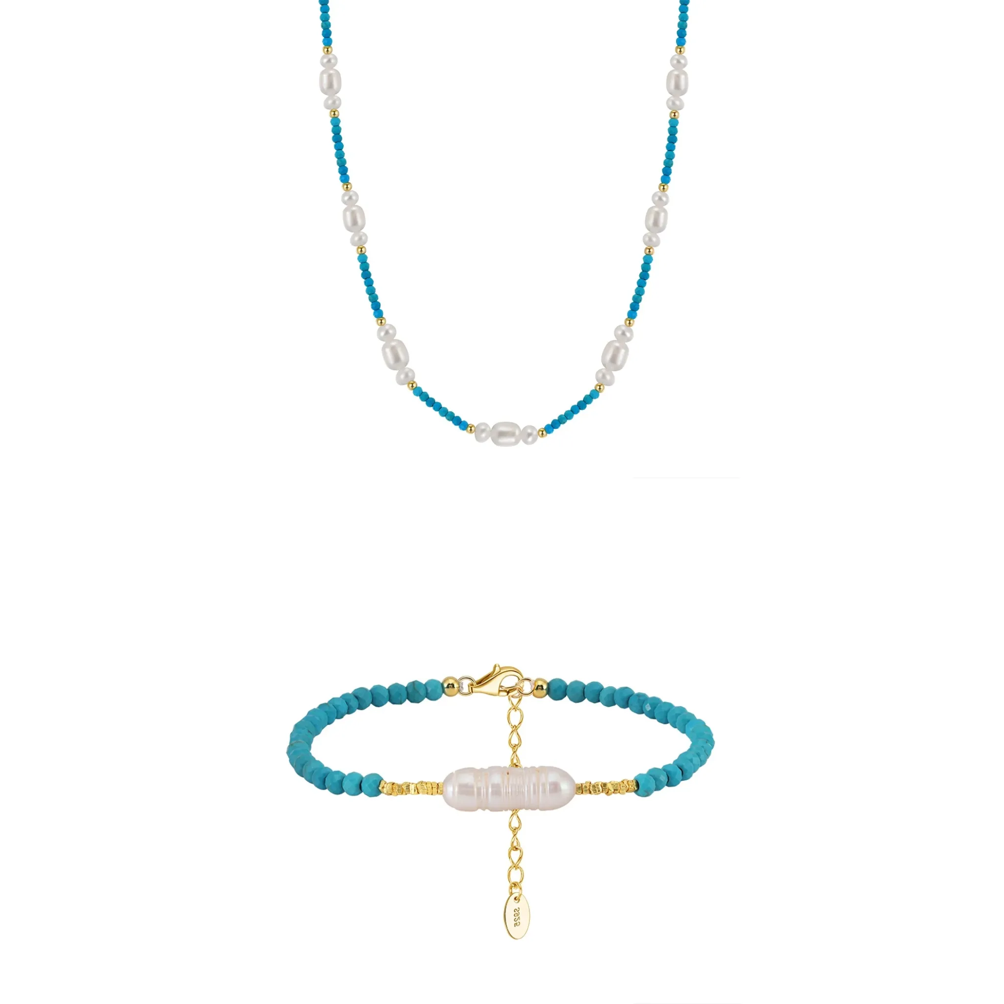 Set Colier și Brățară din Argint cu Perle Naturale și Piatră Naturală Turcoaz Turquoise Gold [1]