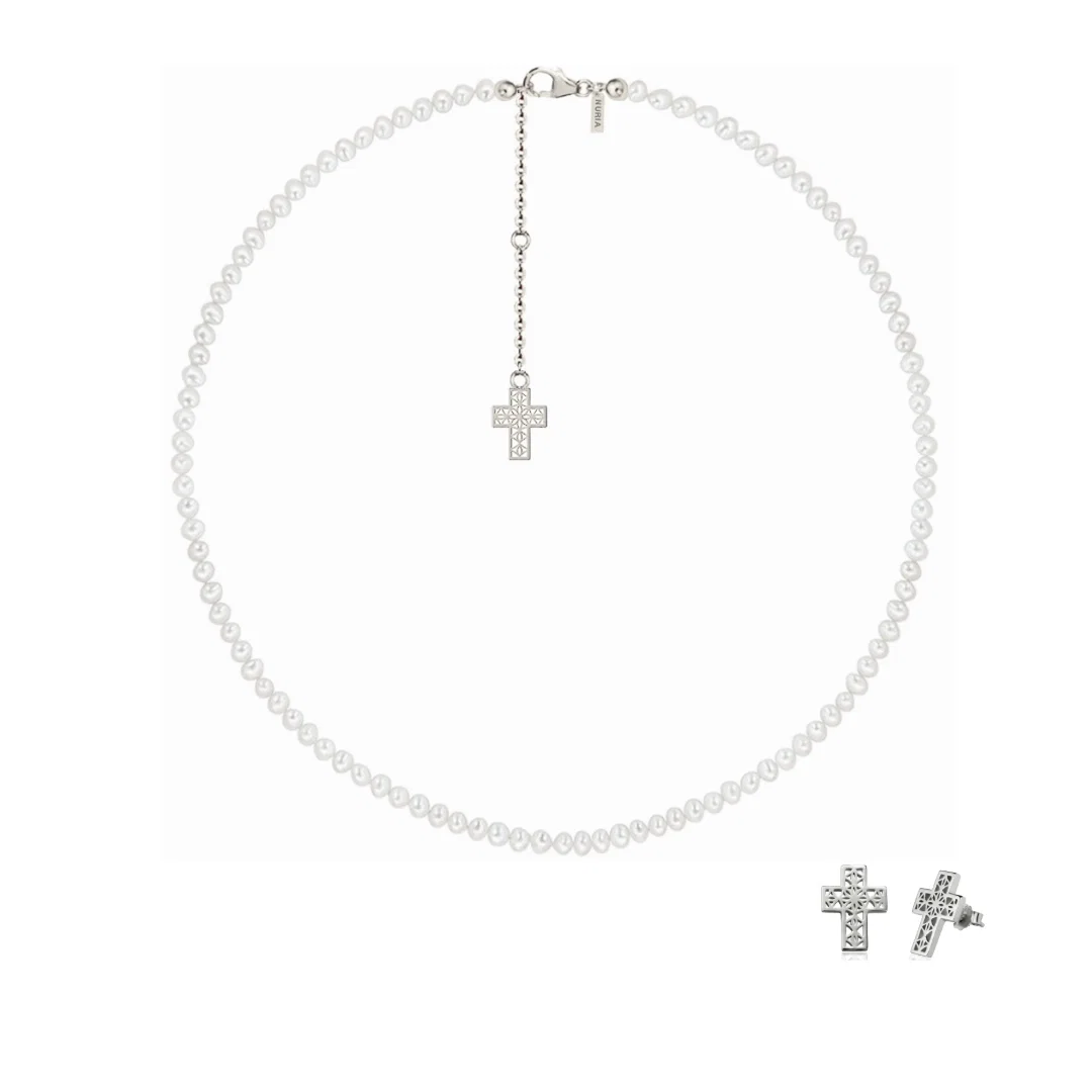 Set Colier și Cercei din argint cu perle naturale de cultură mici Cruce Argintiu [1]
