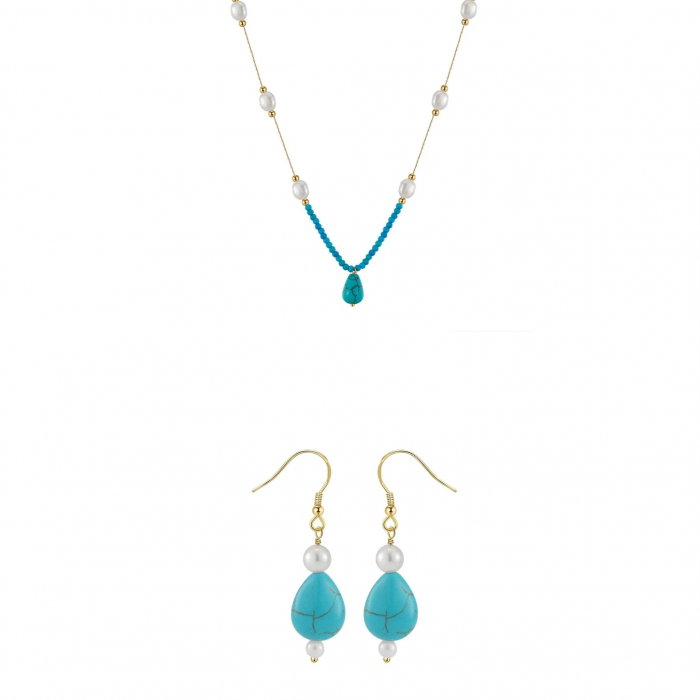 Set Colier și Cercei din Perle și Piatră Naturală Turcoaz Turquoise Harmony Gold [1]