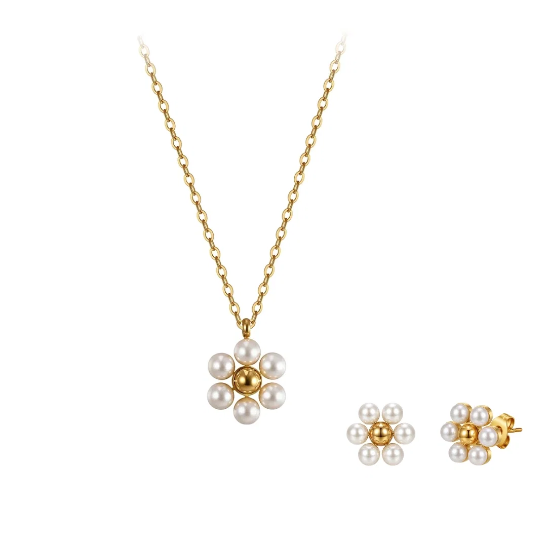 Set Colier și Cercei Statement cu Perle Shell Blossom Auriu [1]