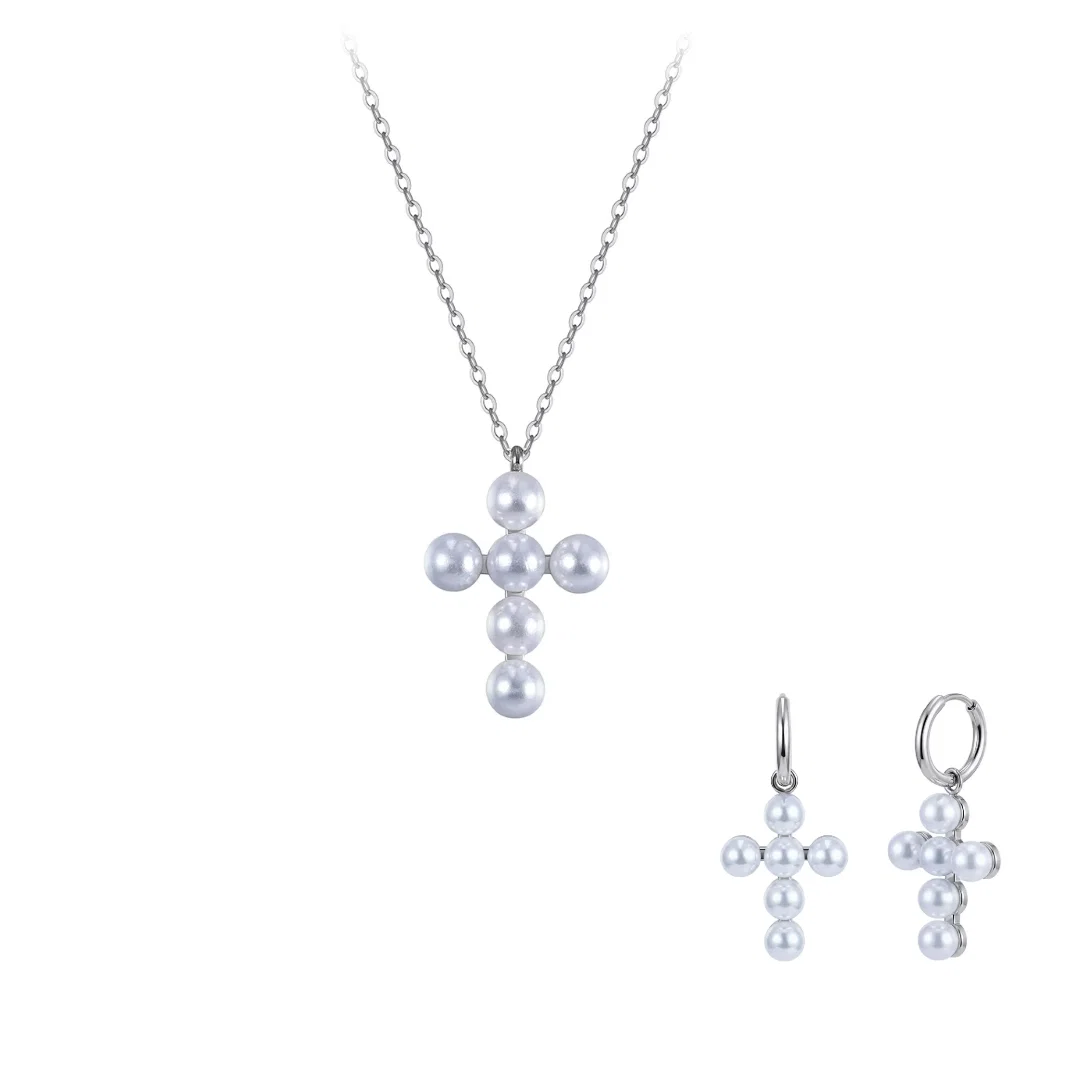 Set Colier și Cercei Statement cu Perle Shell Cross Argintiu [1]