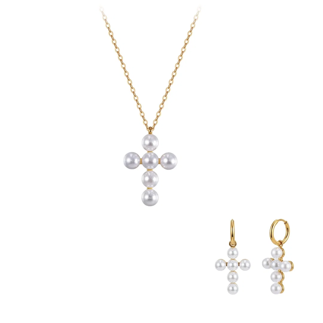 Set Colier și Cercei Statement cu Perle Shell Cross Auriu [1]