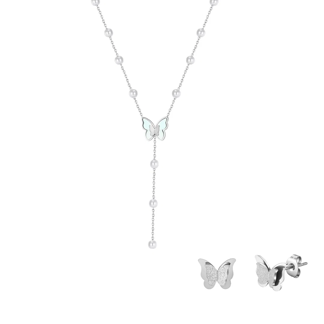 Set Colier și Cercei Statement cu Perle Shell și Sidef Fluture Flutter Argintiu [1]