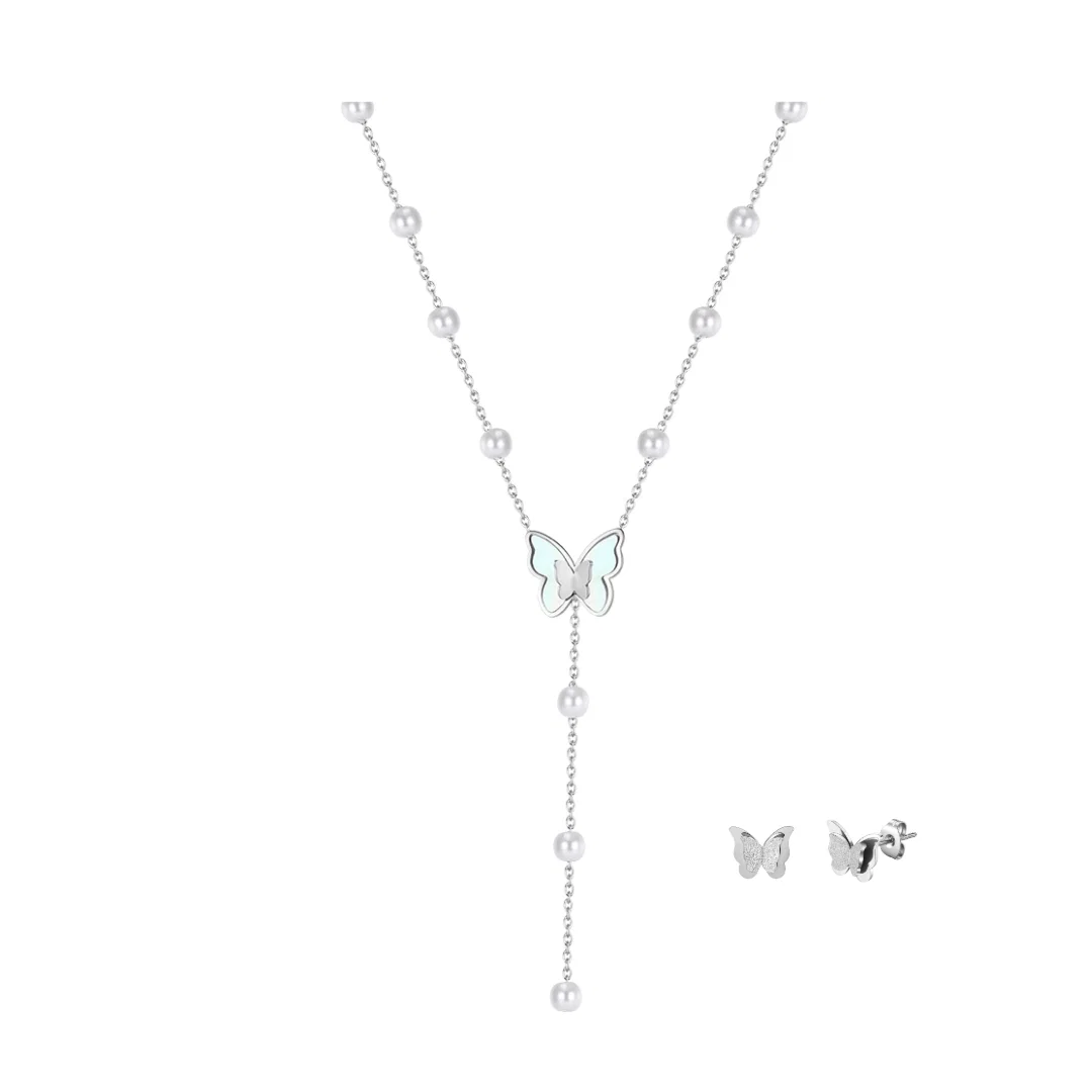 Set Colier și Cercei Statement cu Perle Shell și Sidef Fluture Flutter Argintiu [1]