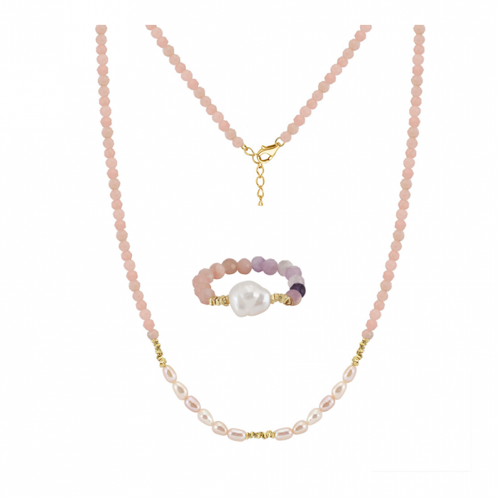 Set Colier și Inel din Argint cu Perle Naturale și Pietre Naturale Cuarț Pink Elegance [1]