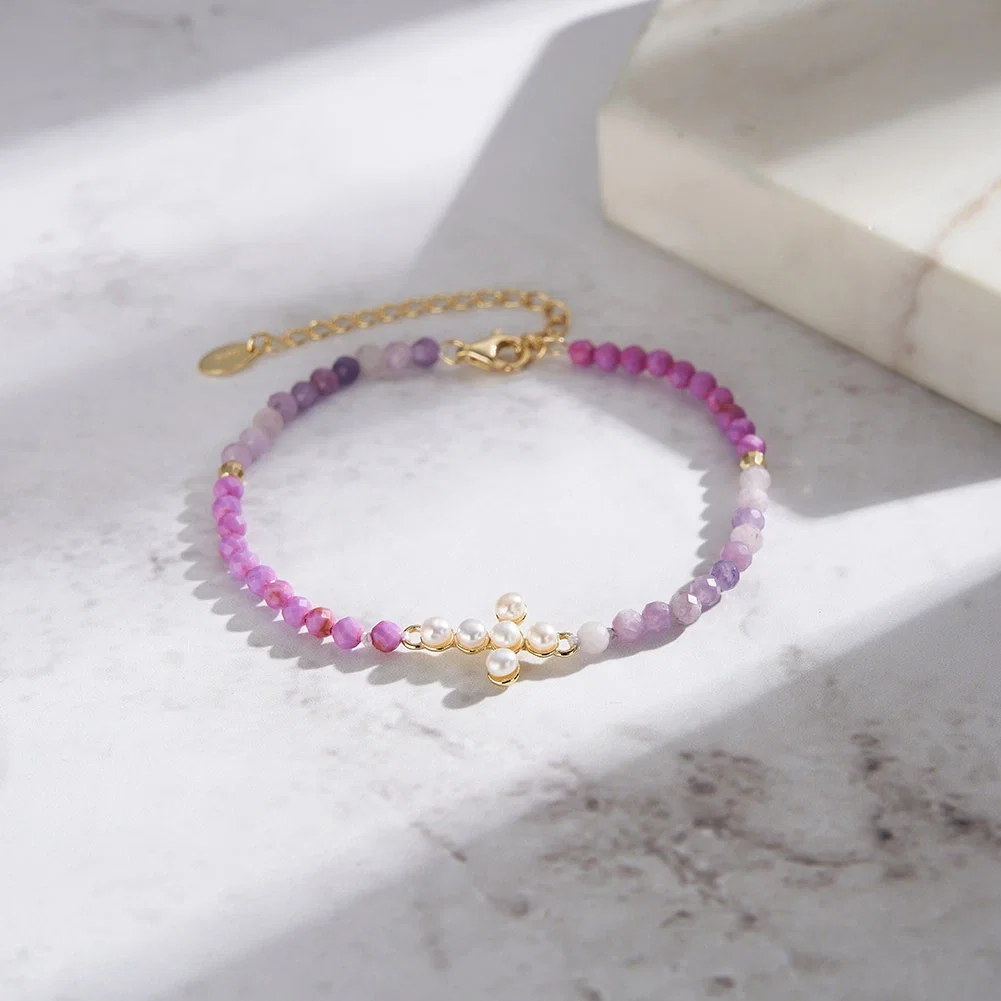 Bijuterii Perle Naturale - Brățară Argint cu perle naturale și pietre ametist Cross Pearl