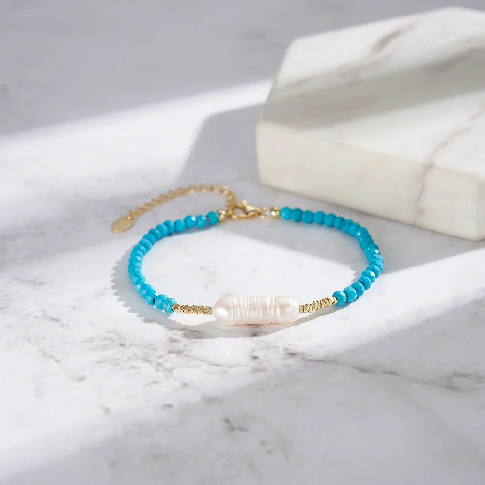 Bijuterii Perle Naturale - Brățară Argint cu Perle naturale și pietre turcoaz Pearl and Turquoise Gold