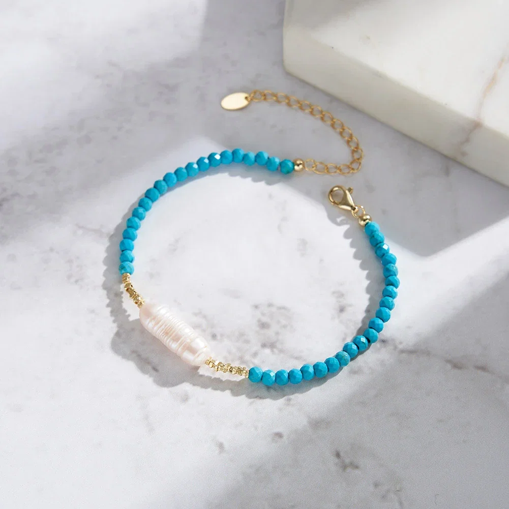 Bijuterii Perle Naturale - Brățară Argint cu Perle naturale și pietre turcoaz Pearl and Turquoise Gold