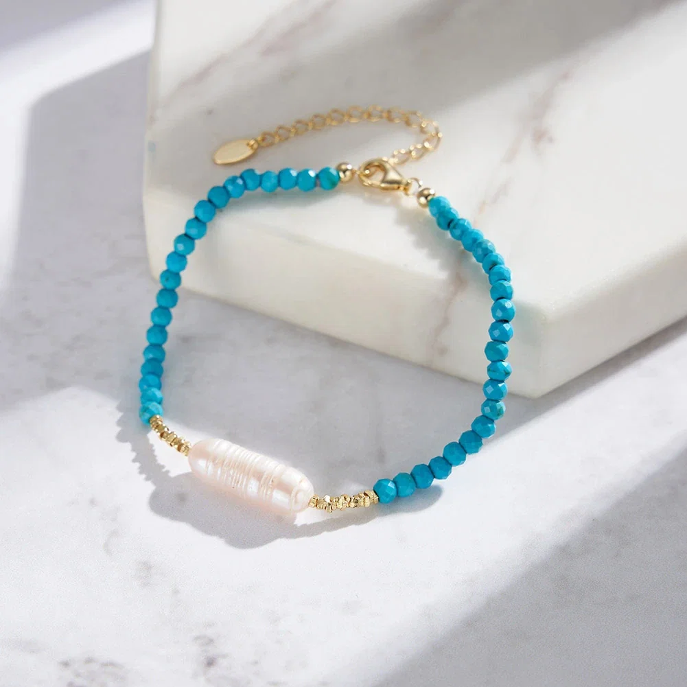 Bijuterii Perle Naturale - Brățară Argint cu Perle naturale și pietre turcoaz Pearl and Turquoise Gold