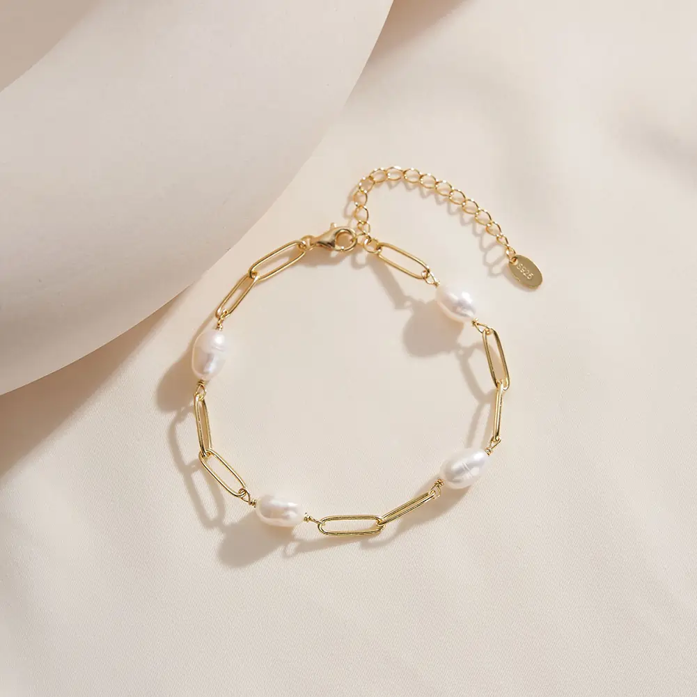 Brățări din argint - Brățară din Argint cu Perle Naturale de Cultură Baroque Links Pearl Gold