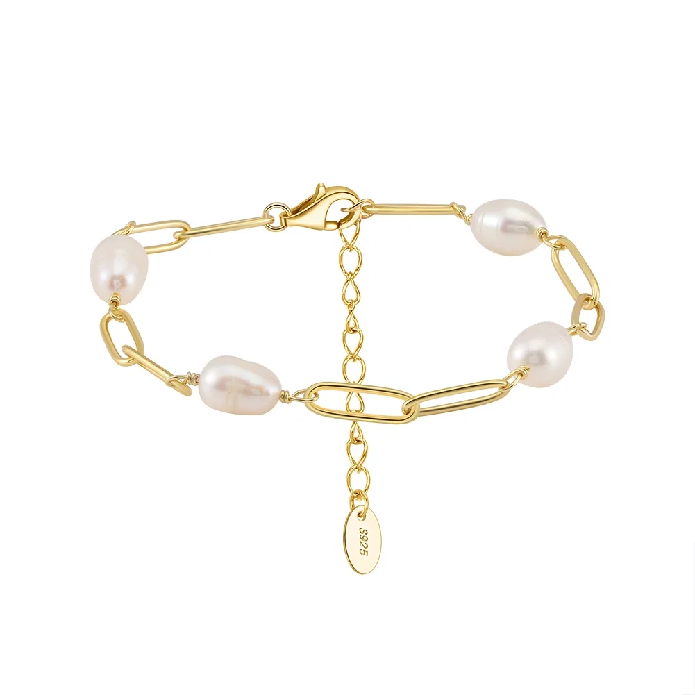 Brățări din argint - Brățară din Argint cu Perle Naturale de Cultură Baroque Links Pearl Gold