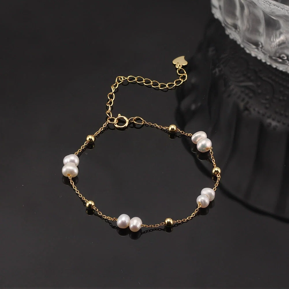 Brățări Din Argint - Brățară din Argint cu perle naturale de cultură Gold Pearl Chain