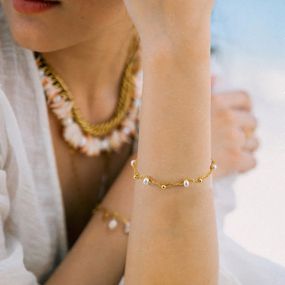 Brățări - Brățară din Argint cu Perle Naturale de Cultură Golden Layers Pearl