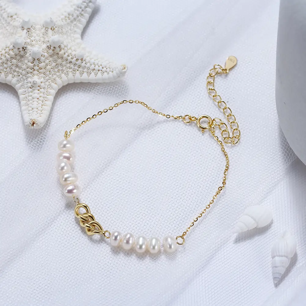 Brățări Din Argint - Brățară din Argint cu Perle Naturale de Cultură Golden Pearl Line