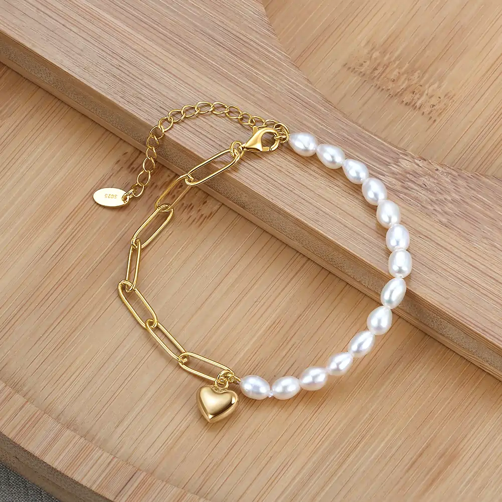 Brățări Din Argint - Brățară din Argint cu Perle Naturale de Cultură Heart & Harmony Gold