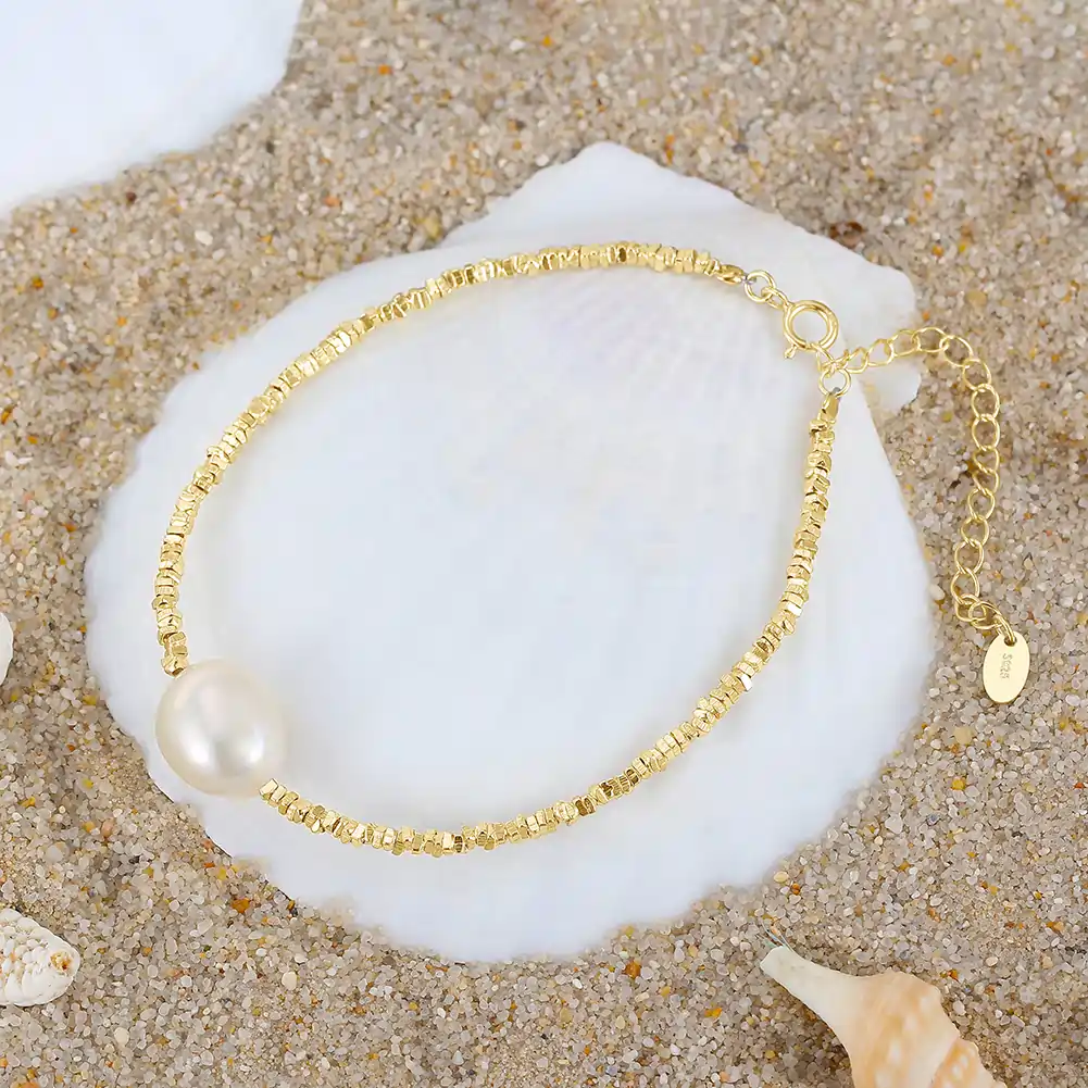 Brățări Din Argint - Brățară din Argint cu Perle Naturale de Cultură Sculpted Shine Pearl Gold