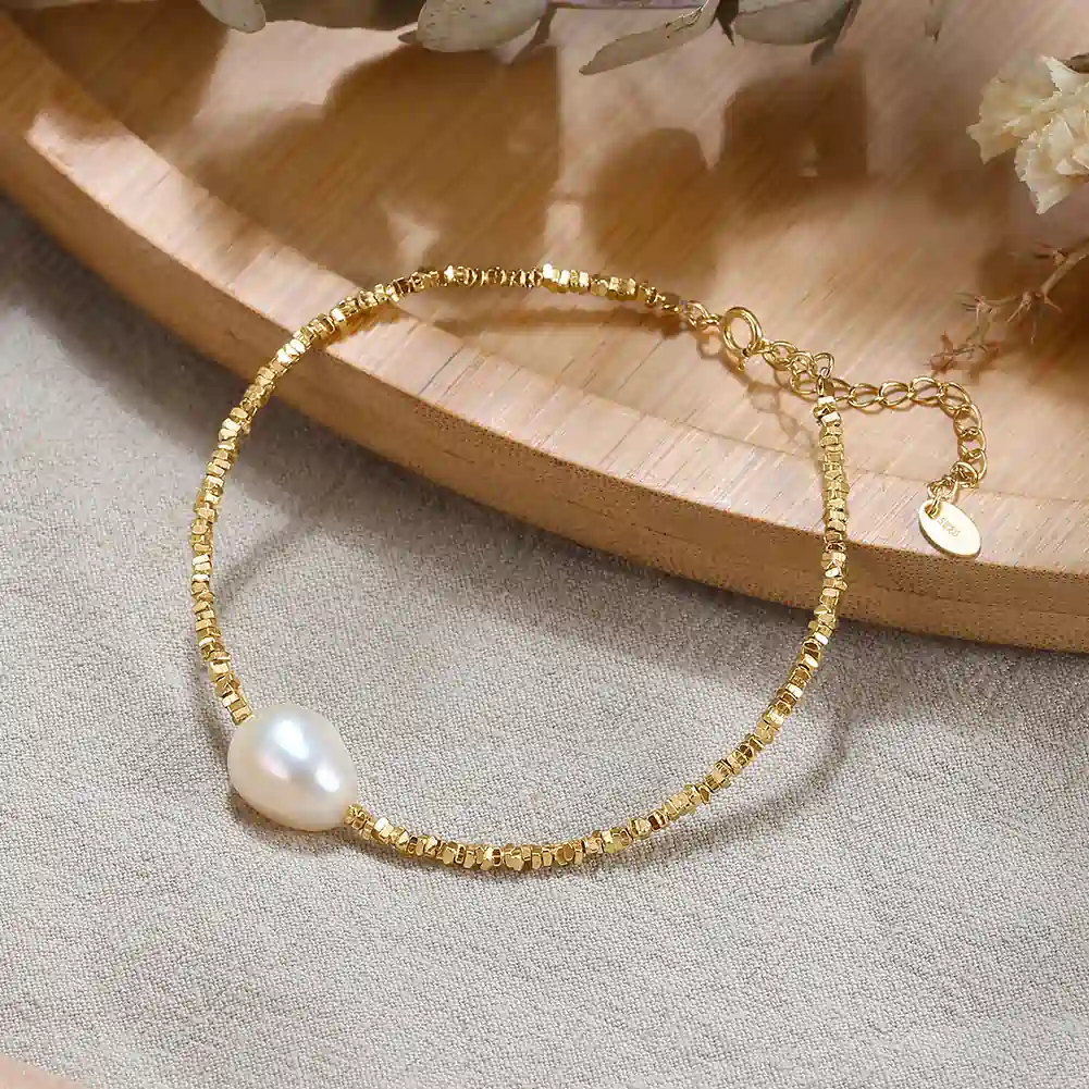 Brățări Din Argint - Brățară din Argint cu Perle Naturale de Cultură Sculpted Shine Pearl Gold