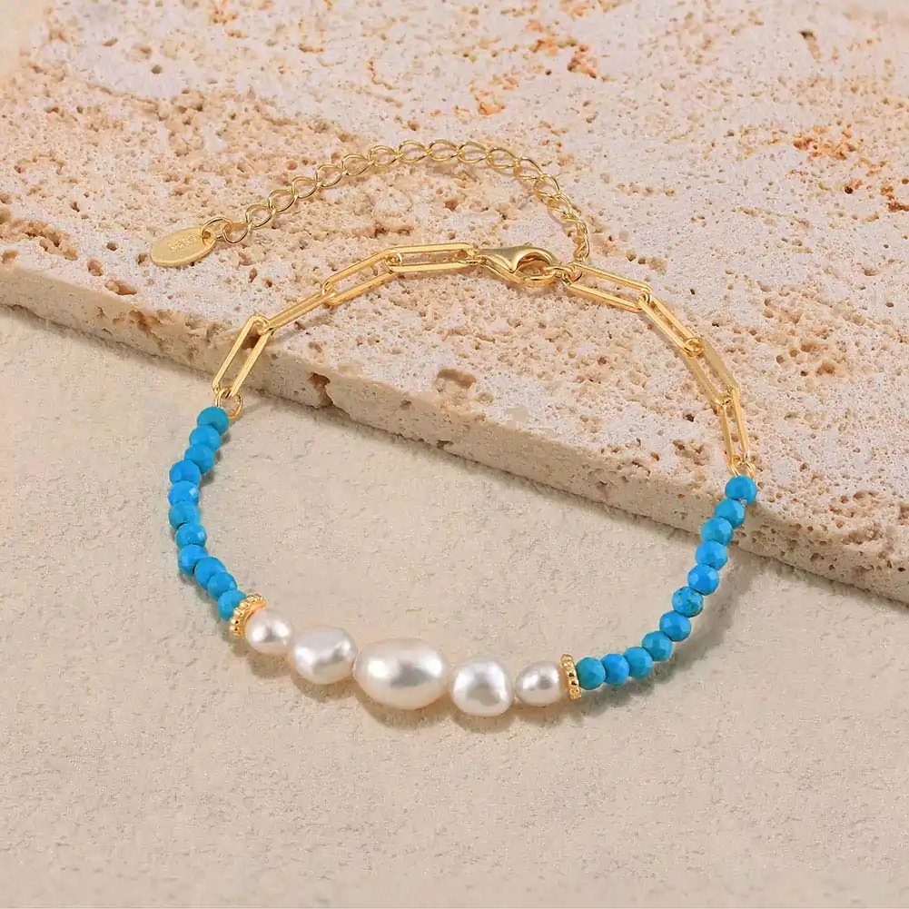Brățări din argint - Brățară din Argint cu Perle Naturale de Cultură și Piatră Naturală Turcoaz Boho Pearl & Turquoise Gold