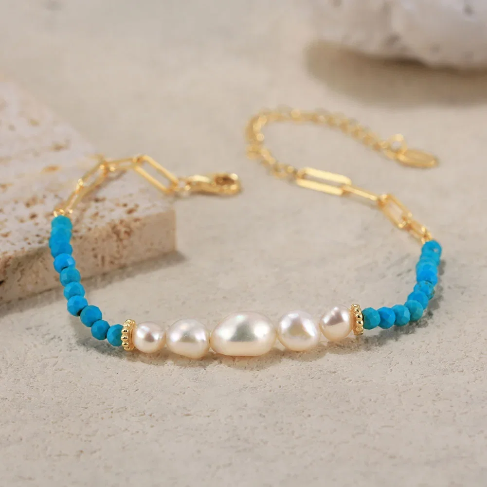 Brățări din argint - Brățară din Argint cu Perle Naturale de Cultură și Piatră Naturală Turcoaz Boho Pearl & Turquoise Gold