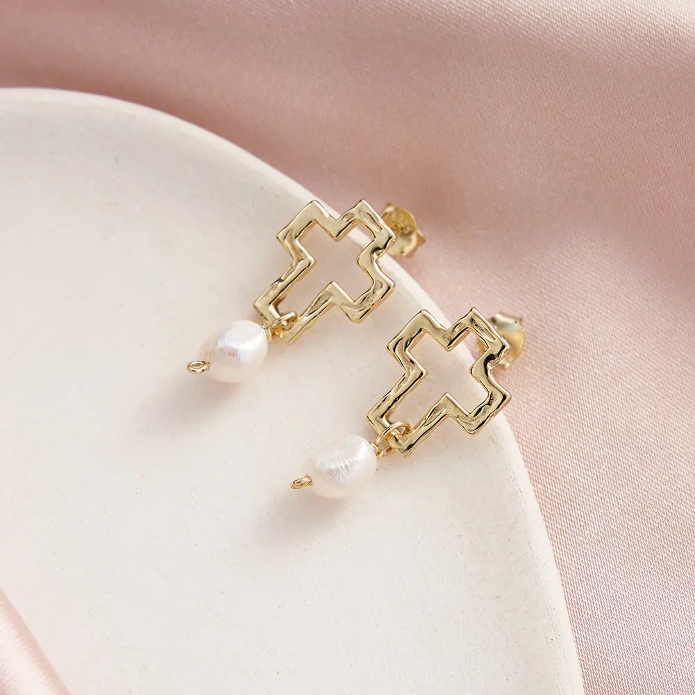 Cercei din argint - Cercei din Argint Cross & Baroque Pearl Drop Gold