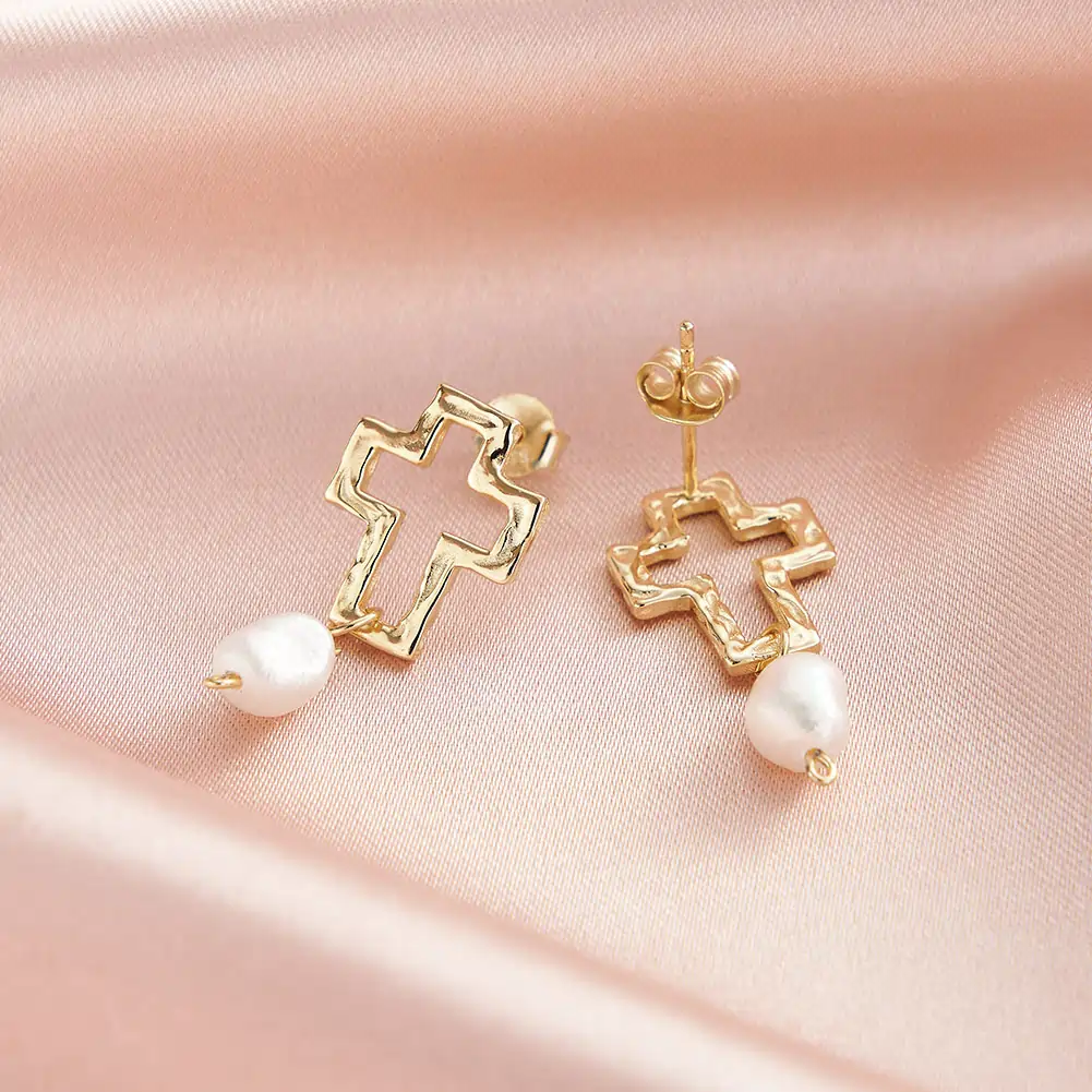 Cercei din argint - Cercei din Argint Cross & Baroque Pearl Drop Gold