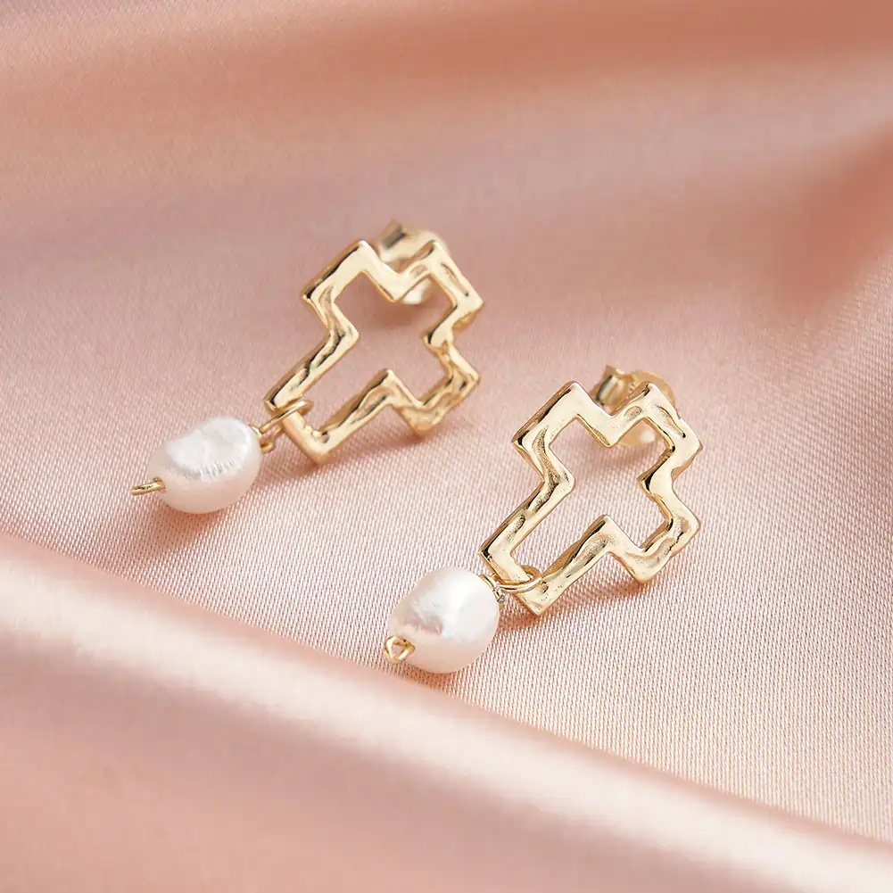 Cercei din argint - Cercei din Argint Cross & Baroque Pearl Drop Gold