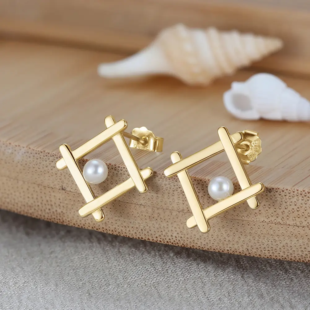 Cercei Din Argint - Cercei din Argint cu Perle Naturale de Cultură Geometric Stud Gold