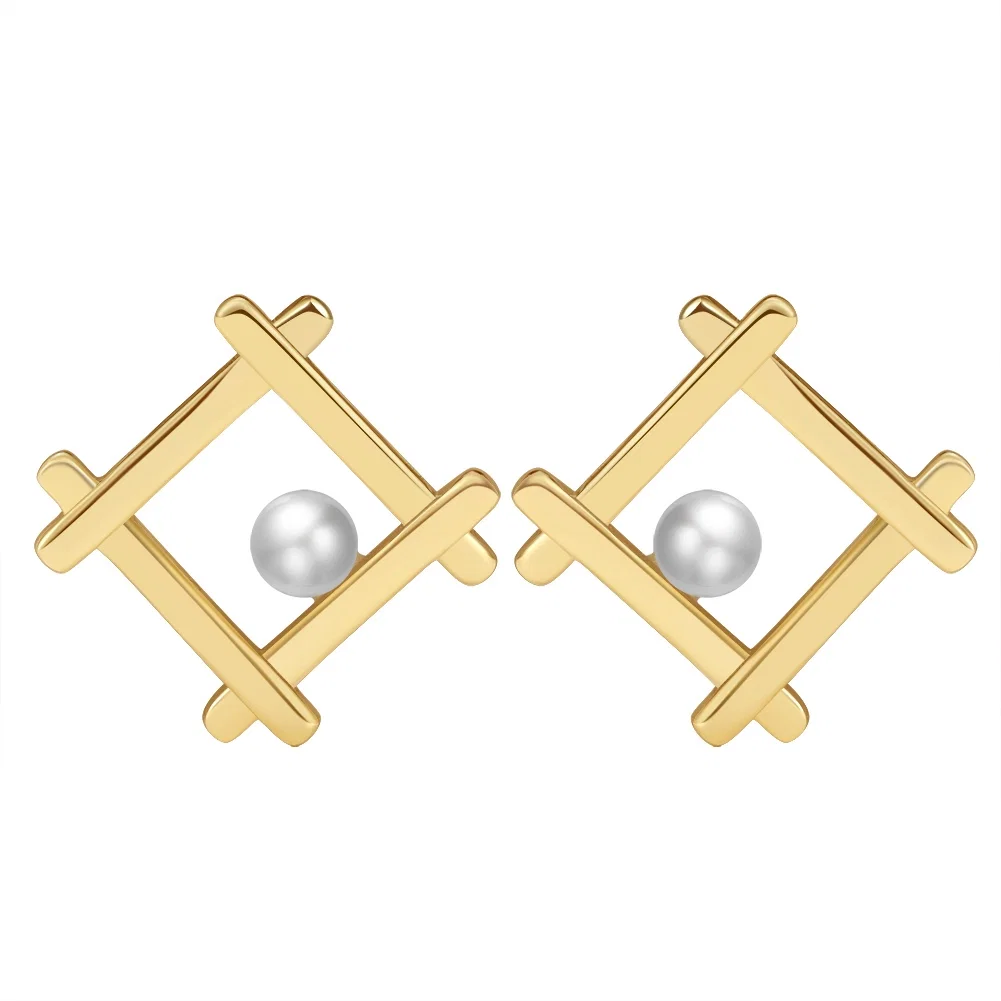 Cercei Din Argint - Cercei din Argint cu Perle Naturale de Cultură Geometric Stud Gold