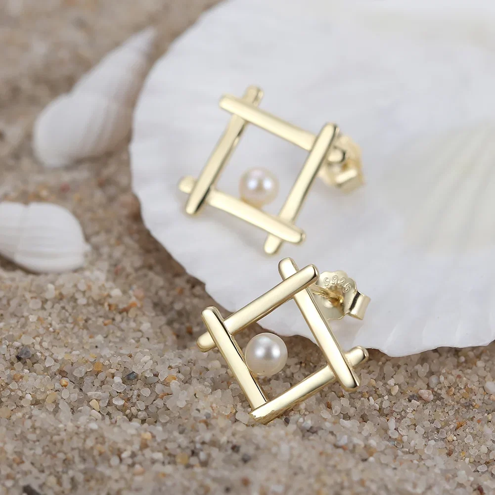 Cercei Din Argint - Cercei din Argint cu Perle Naturale de Cultură Geometric Stud Gold