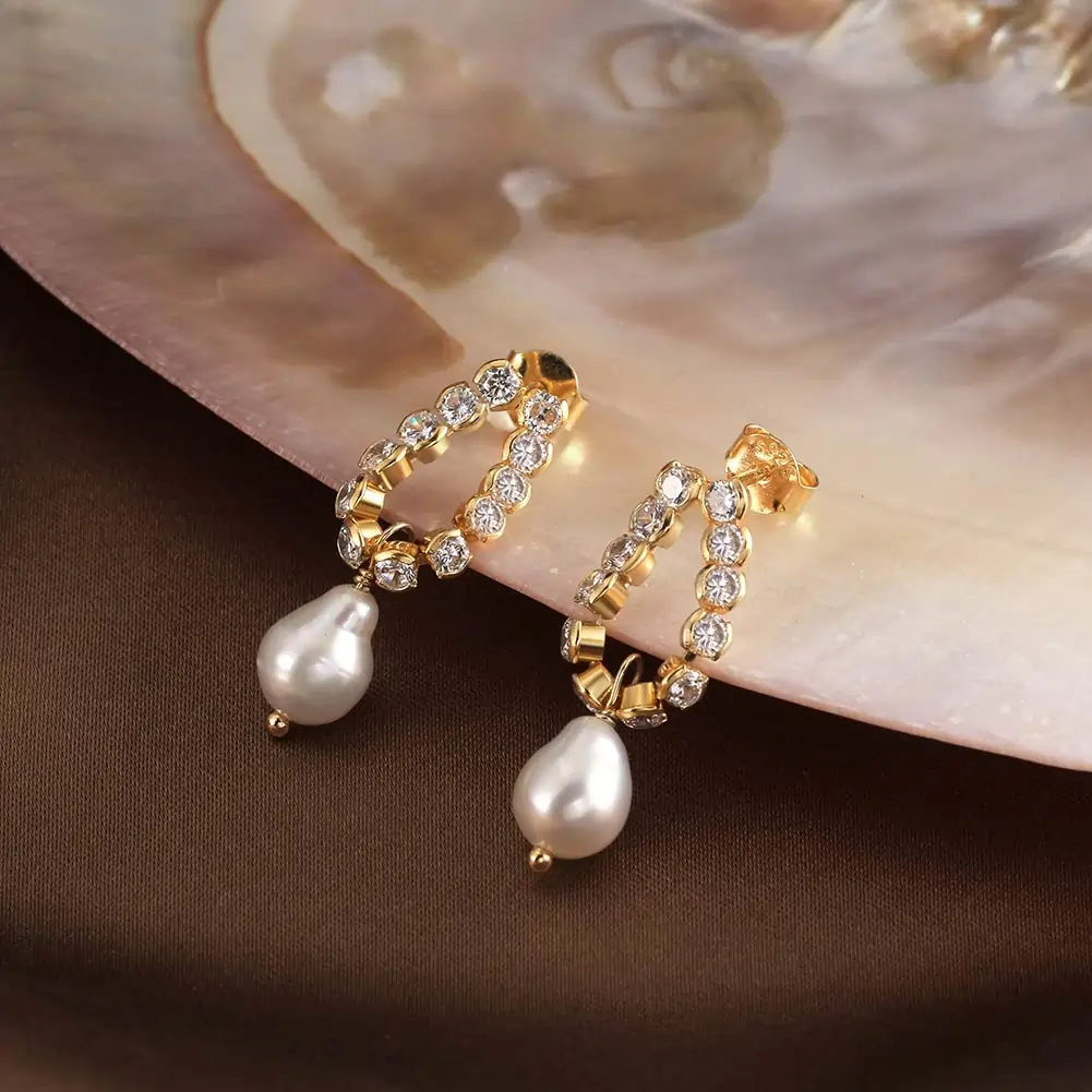 Cercei din argint - Cercei din Argint cu Perle Naturale de Cultură Glamorous Touch Gold
