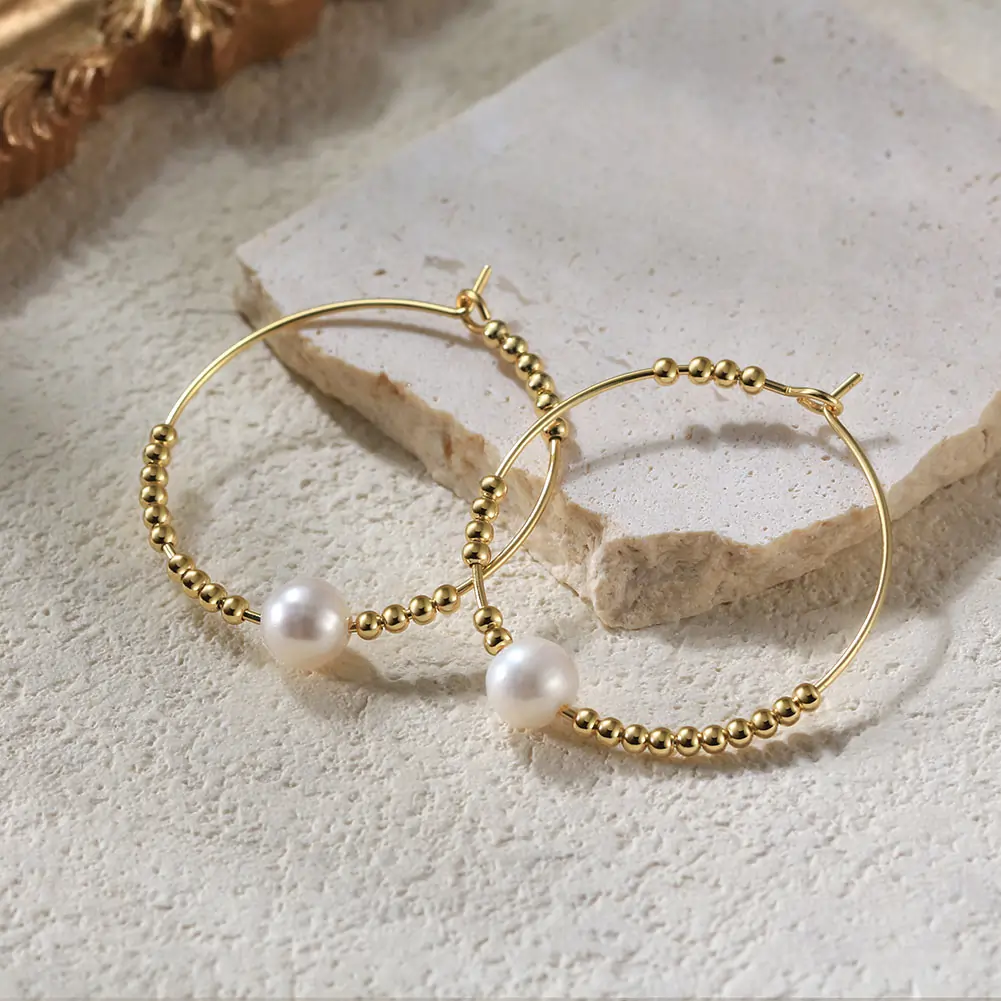 Cercei Din Argint - Cercei din Argint cu Perle Naturale de Cultură Golden Hoop Glow