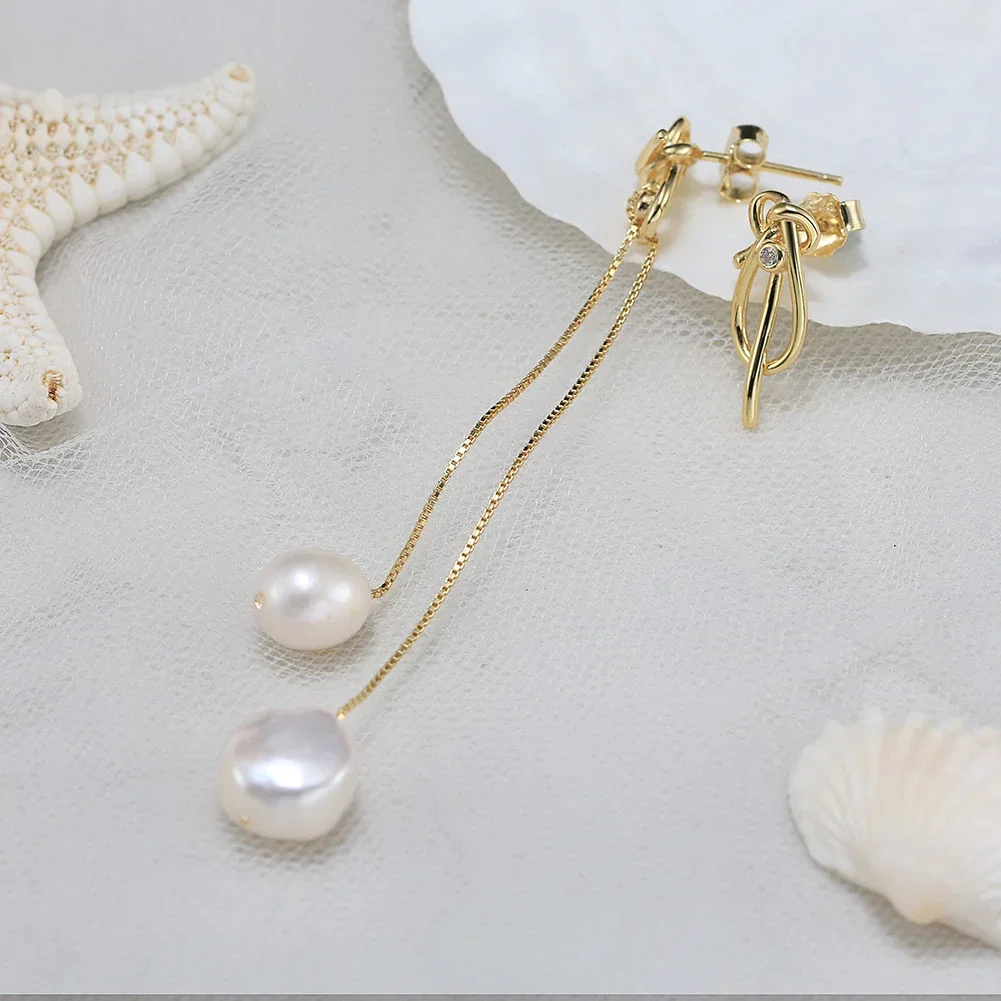Cercei Din Argint - Cercei din Argint cu Perle Naturale de Cultură Golden Knot & Drop