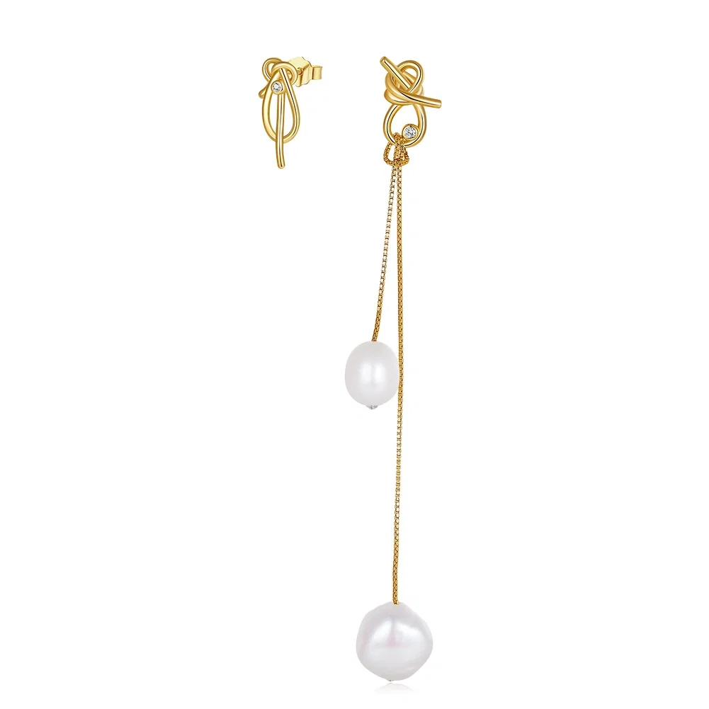 Cercei Din Argint - Cercei din Argint cu Perle Naturale de Cultură Golden Knot & Drop