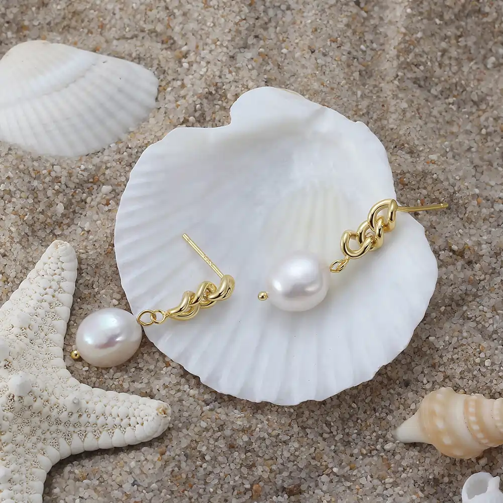 Cercei Din Argint - Cercei din Argint cu Perle Naturale de Cultură Golden Pearl Charm