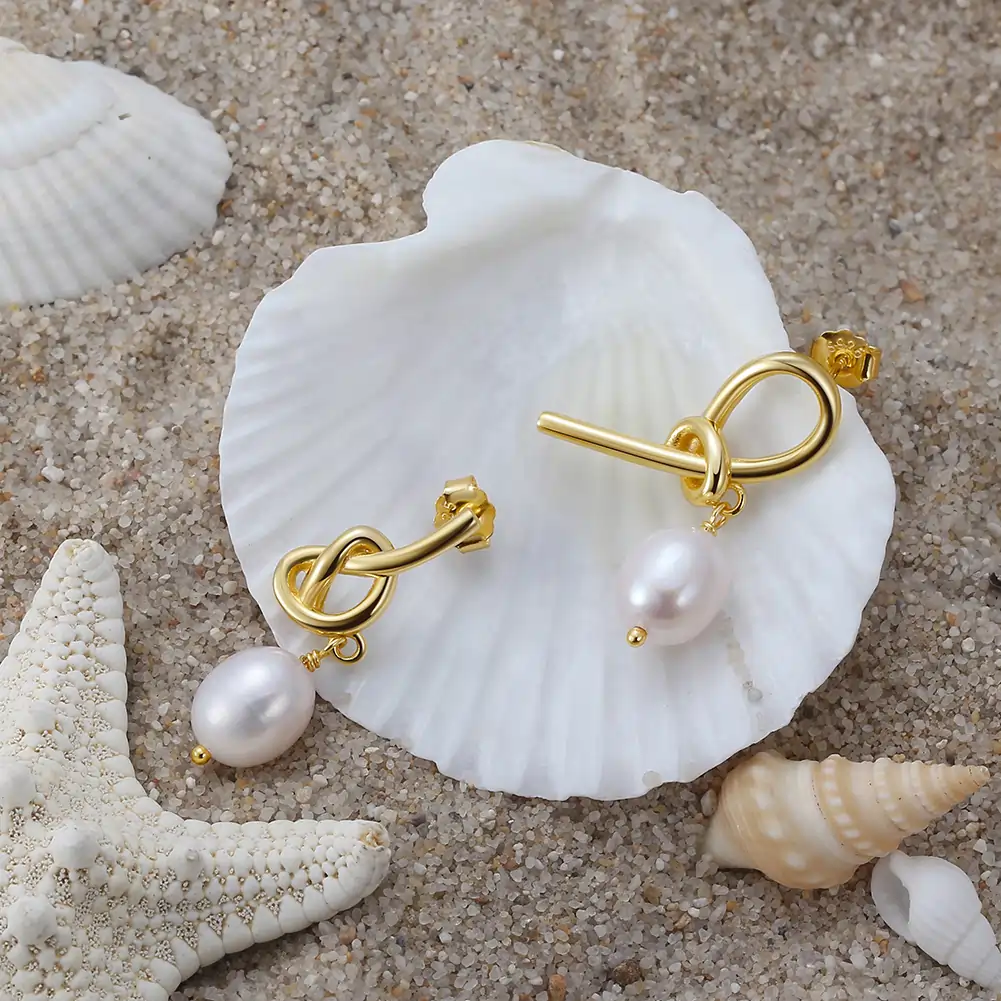 Cercei Din Argint - Cercei din Argint cu Perle Naturale de Cultură Knot Pearls Golden