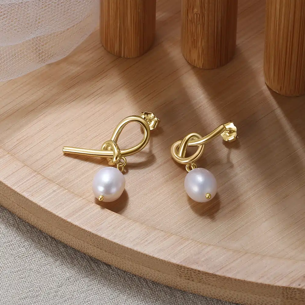 Cercei Din Argint - Cercei din Argint cu Perle Naturale de Cultură Knot Pearls Golden