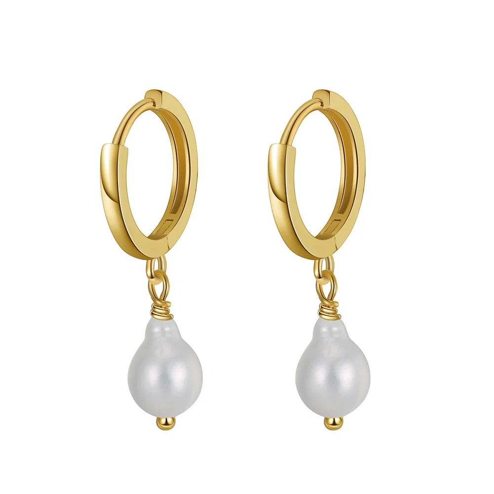 Cercei - Cercei din Argint cu Perle Naturale de Cultură Huggie Earrings Gold