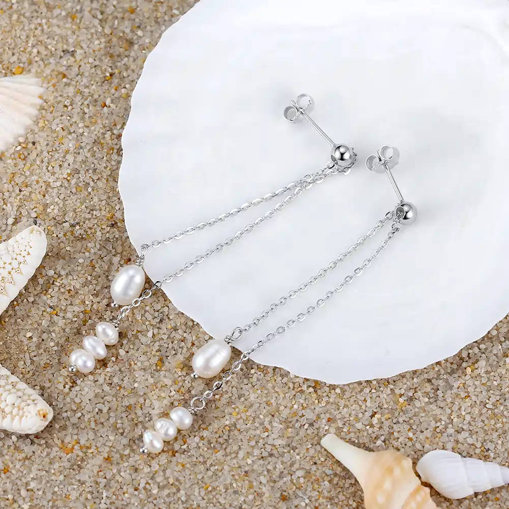 Cercei din argint - Cercei din argint cu perle naturale de cultură Long Pearl Argintiu