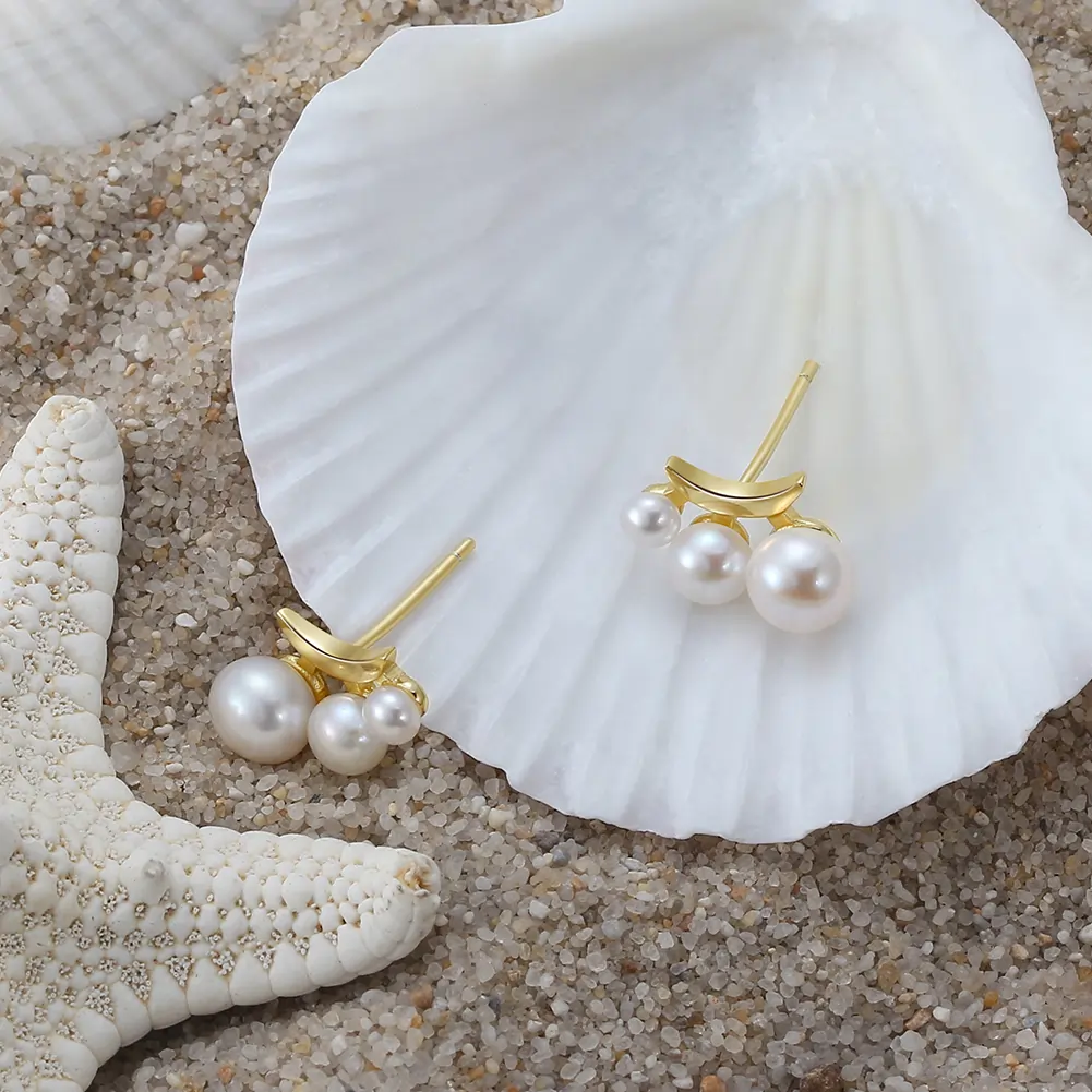Cercei Din Argint - Cercei din Argint cu Perle Naturale de Cultură Luna Pearl Gold