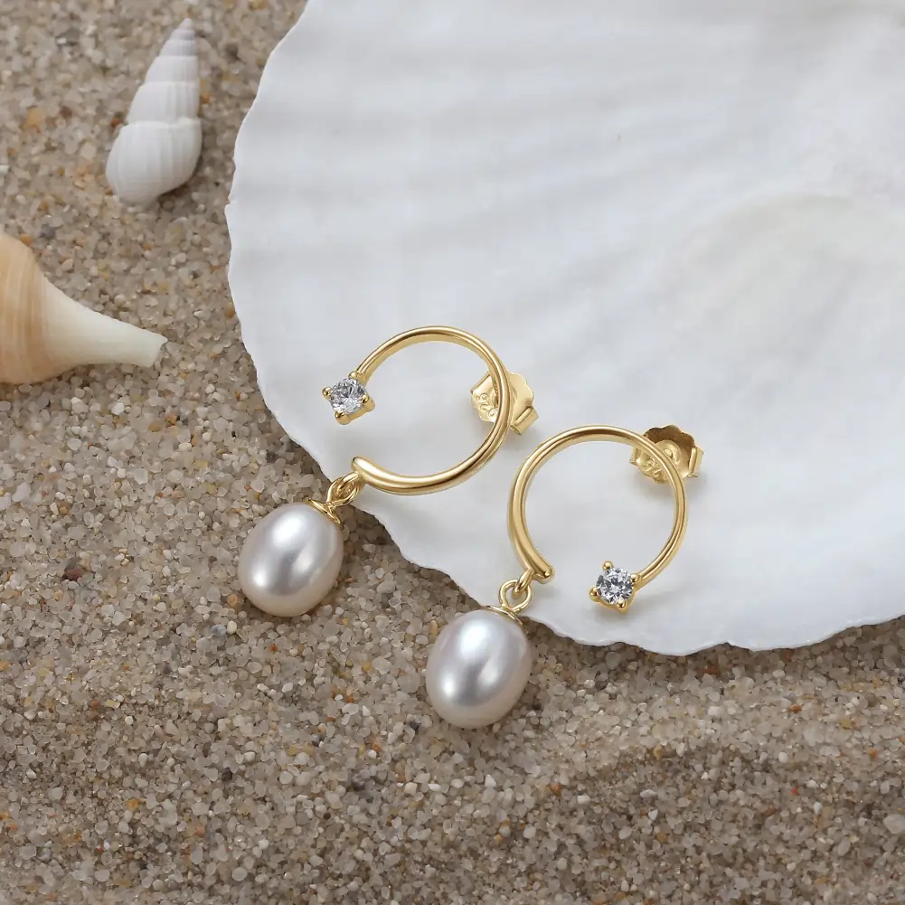 Cercei Din Argint - Cercei din Argint cu Perle Naturale de Cultură Pearl Charm Hoops